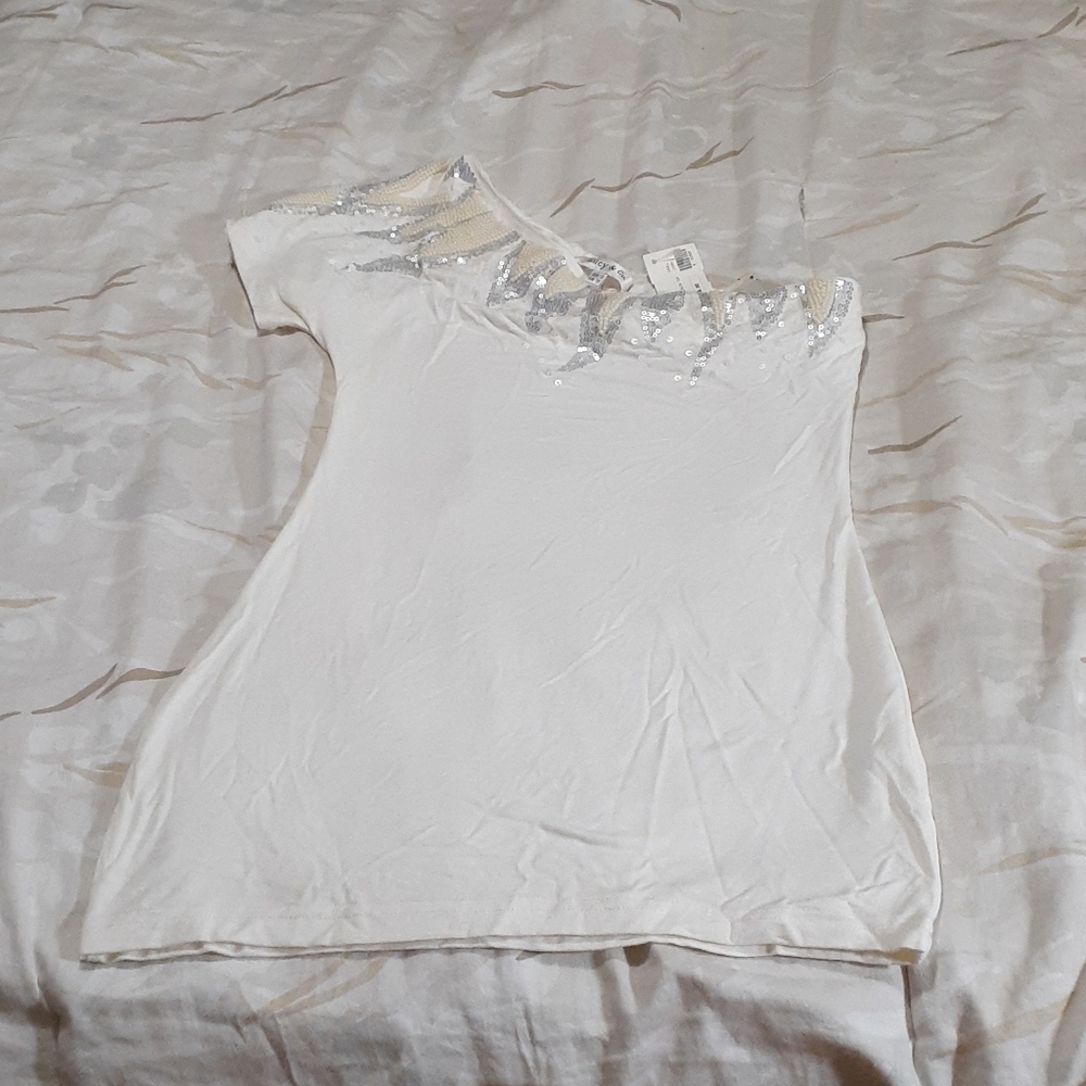 Lucy&Co Vintage Y2K One Shoulder, Beaded Sequined Indie Sleeze Cream Silver Top